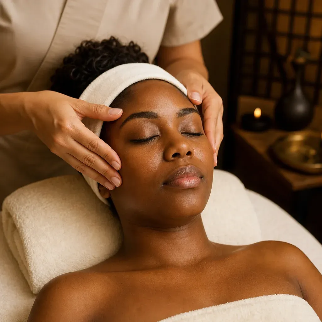 Illustrative facial acupressure massage with fingertips applying gentle pressure near the temples