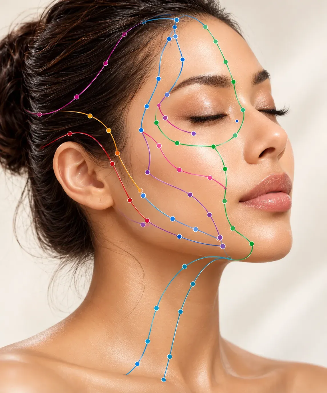 Illustrative close-up portrait with colored facial meridian pathways