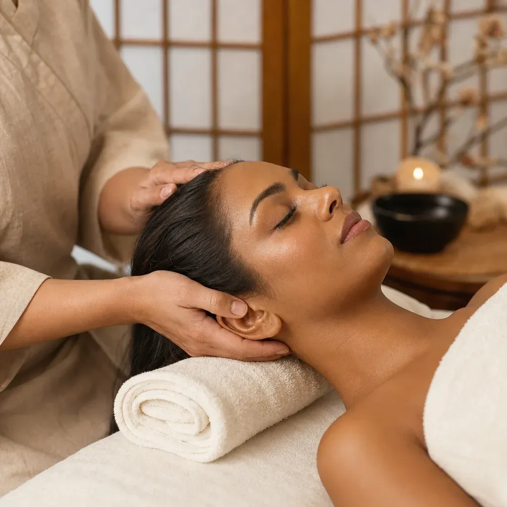 Illustrative gentle scalp and upper neck massage during a relaxing facial wellness treatment