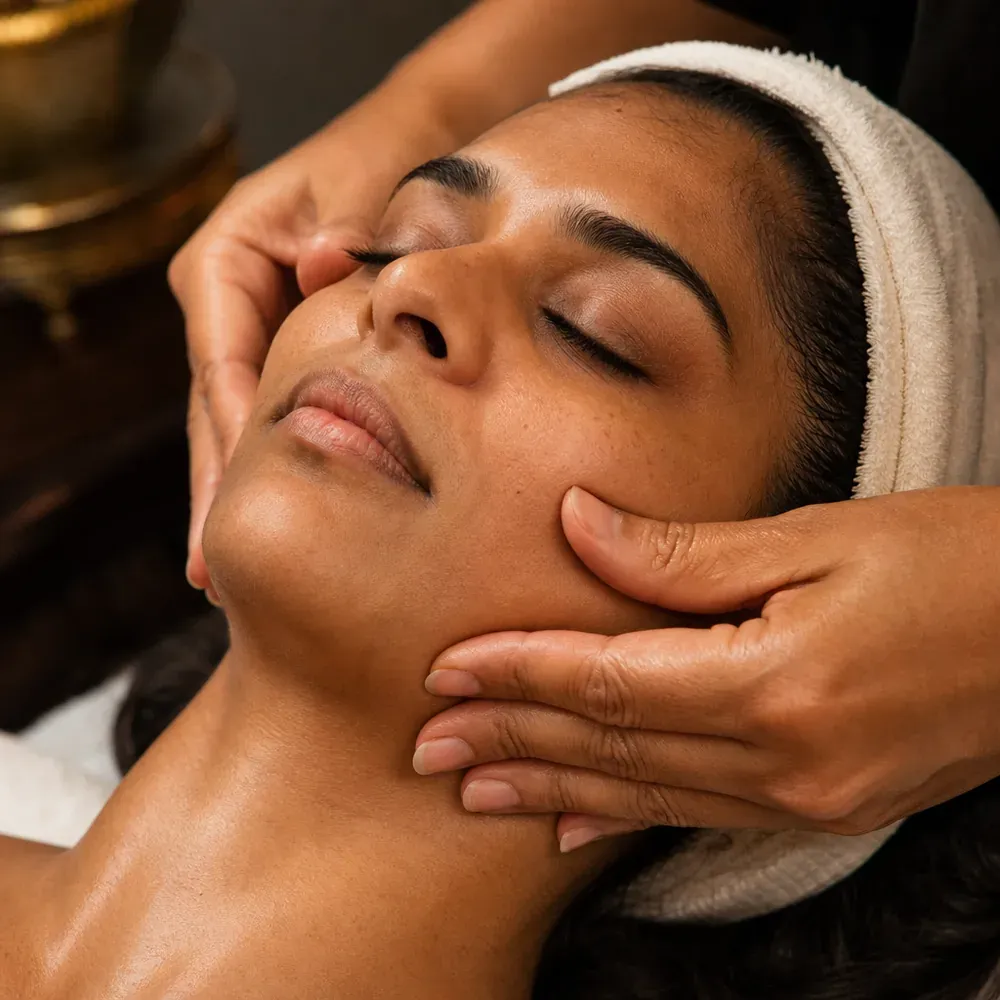 Illustrative close-up of connective tissue facial massage along the cheeks and jawline