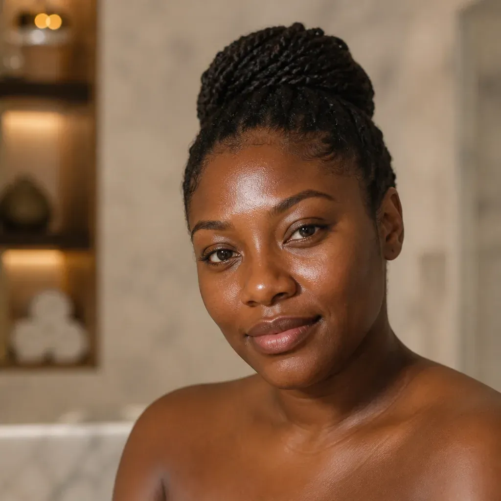 Illustrative relaxed woman with natural skin texture and a healthy-looking complexion